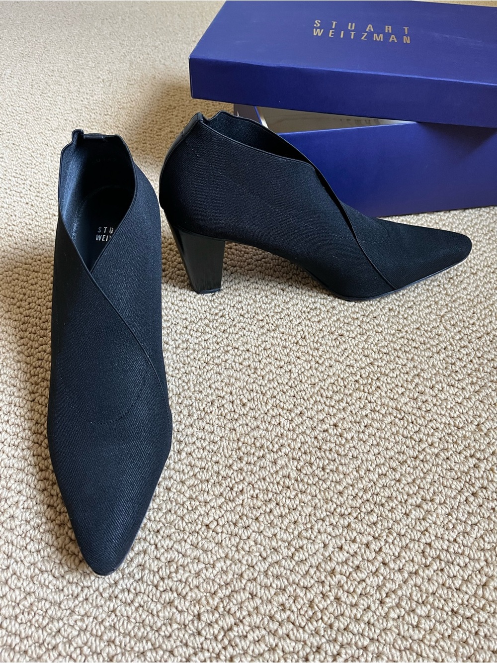 Stuart Weitzman Black Pointed Toe Crossover Ankle Booties
